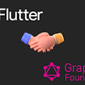 Logos von Flutter und GraphQL Foundation mit einem Handschlag-Emoji dazwischen, das eine Partnerschaft oder Zusammenarbeit symbolisiert.