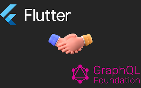 Logos von Flutter und GraphQL Foundation mit einem Handschlag-Emoji dazwischen, das eine Partnerschaft oder Zusammenarbeit symbolisiert.