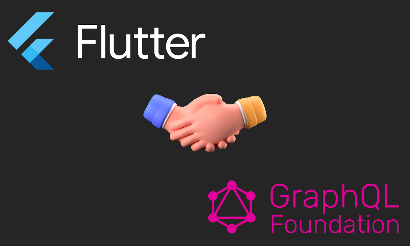Logos von Flutter und GraphQL Foundation mit einem Handschlag-Emoji dazwischen, das eine Partnerschaft oder Zusammenarbeit symbolisiert.