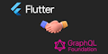 Logos von Flutter und GraphQL Foundation mit einem Handschlag-Emoji dazwischen, das eine Partnerschaft oder Zusammenarbeit symbolisiert.