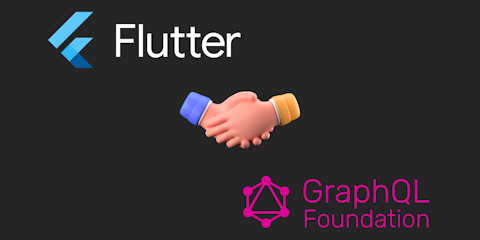 Logos von Flutter und GraphQL Foundation mit einem Handschlag-Emoji dazwischen, das eine Partnerschaft oder Zusammenarbeit symbolisiert.