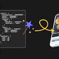 Auf einem Smartphone wird die Benutzeroberfläche einer Food-App angezeigt, während auf der linken Seite Code und Designspezifikationen erscheinen und sich in der oberen rechten Ecke das Flutter-Logo befindet.