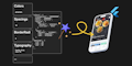 Auf einem Smartphone wird die Benutzeroberfläche einer Food-App angezeigt, während auf der linken Seite Code und Designspezifikationen erscheinen und sich in der oberen rechten Ecke das Flutter-Logo befindet.