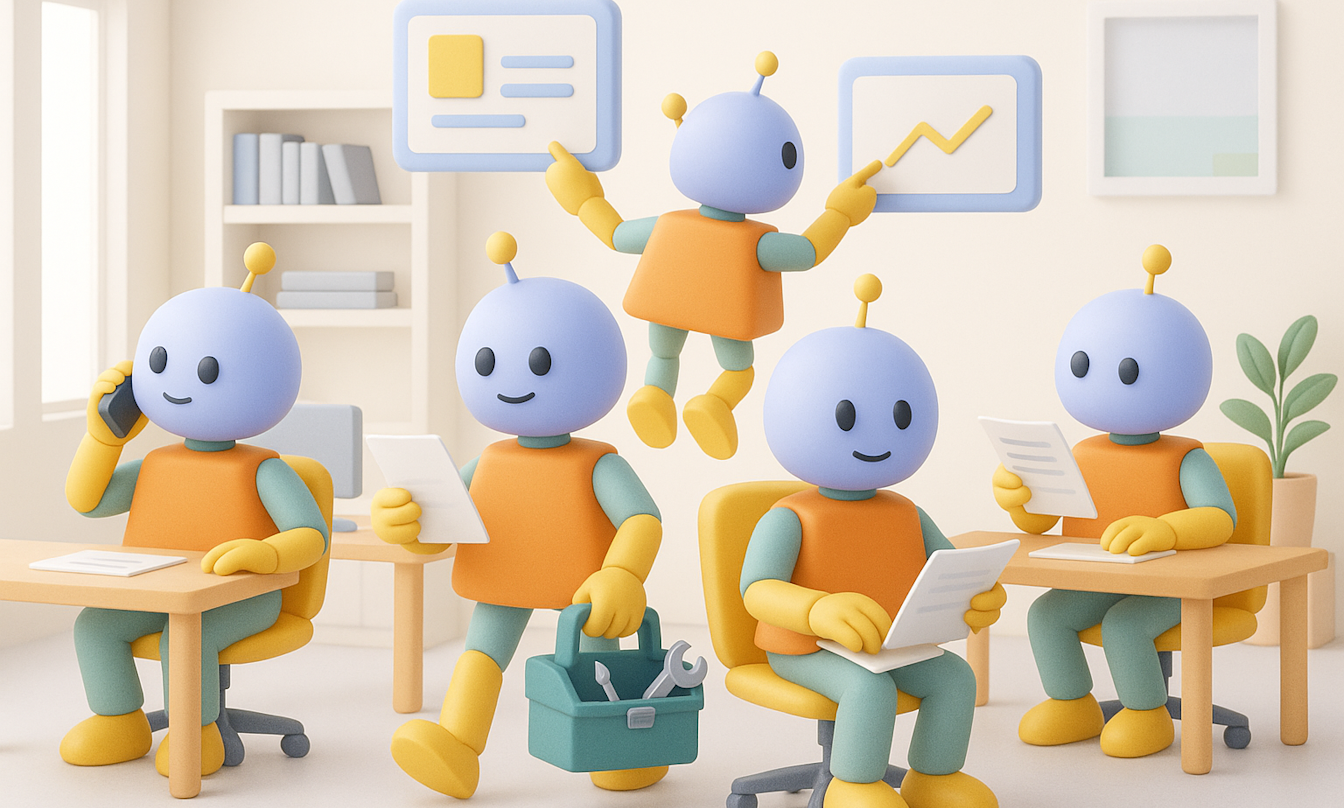 Fünf Cartoon-Roboter arbeiten in einem Büro, lesen Papiere, telefonieren, tragen eine Werkzeugkiste und analysieren Diagramme an der Wand in einem hellen, aufgeräumten Raum.