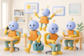 Fünf Cartoon-Roboter arbeiten in einem Büro, lesen Papiere, telefonieren, tragen eine Werkzeugkiste und analysieren Diagramme an der Wand in einem hellen, aufgeräumten Raum.