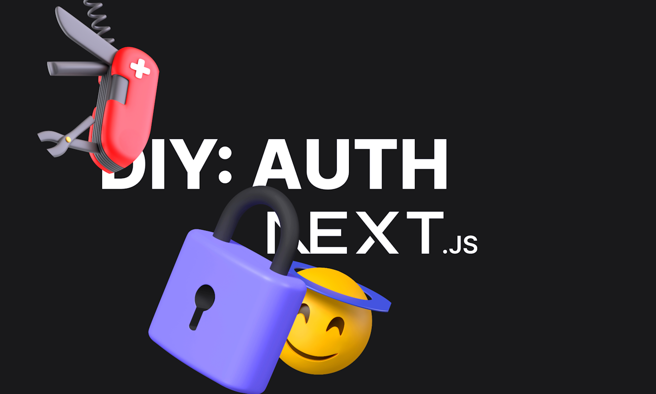 Ein Schweizer Taschenmesser, ein Schloss und ein lächelndes Emoji erscheinen über "DIY: AUTH NEXT.JS" auf schwarzem Hintergrund.