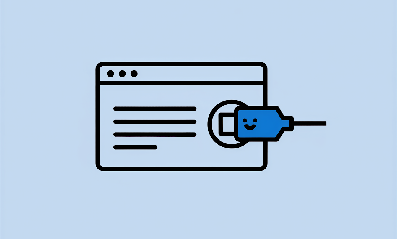 Ein Webbrowser-Fenster mit einem blauen USB-Steckersymbol, das ein Smiley-Gesicht zeigt, das mit einem runden Anschluss verbunden ist, auf hellblauem Hintergrund.