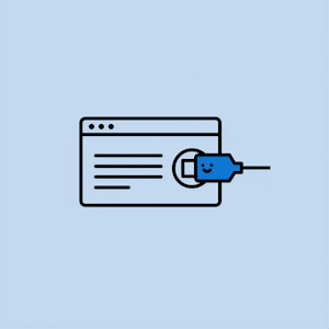 Ein Webbrowser-Fenster mit einem blauen USB-Steckersymbol, das ein Smiley-Gesicht zeigt, das mit einem runden Anschluss verbunden ist, auf hellblauem Hintergrund.