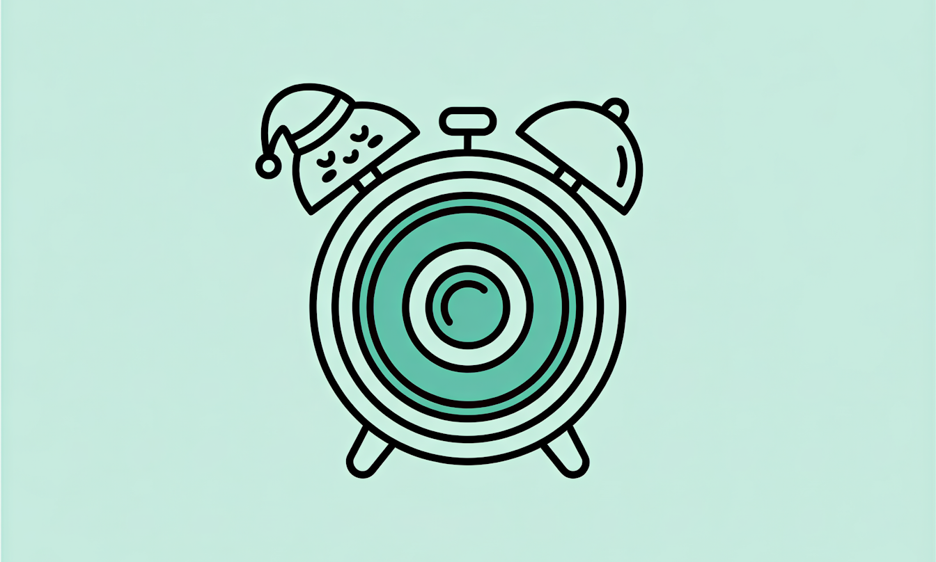 Minimalistische Strichzeichnung eines Weckers mit schlafendem Gesicht und Nachtmütze, auf hellblauem Hintergrund.