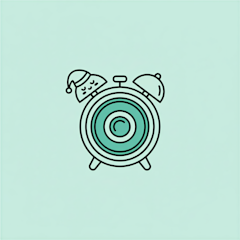 Minimalistische Strichzeichnung eines Weckers mit schlafendem Gesicht und Nachtmütze, auf hellblauem Hintergrund.