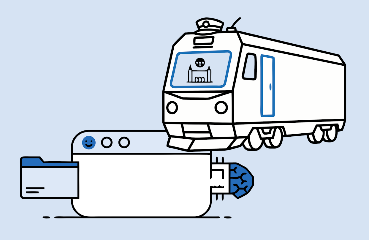 Skizze mit einem Cartoon-Zug, Dateien/Files und Browser mit Hirn (das AI repräsentiert). Als Visualisierung unseres Ausfluges mit dem Zug nach Stockholm an die Nordic.js Konferenz für Webdevs.