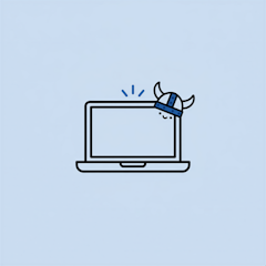 Einfache Illustration eines Laptops mit einem lächelnden Gesicht und einem blauen Wikingerhelm auf einem hellblauen Hintergrund.