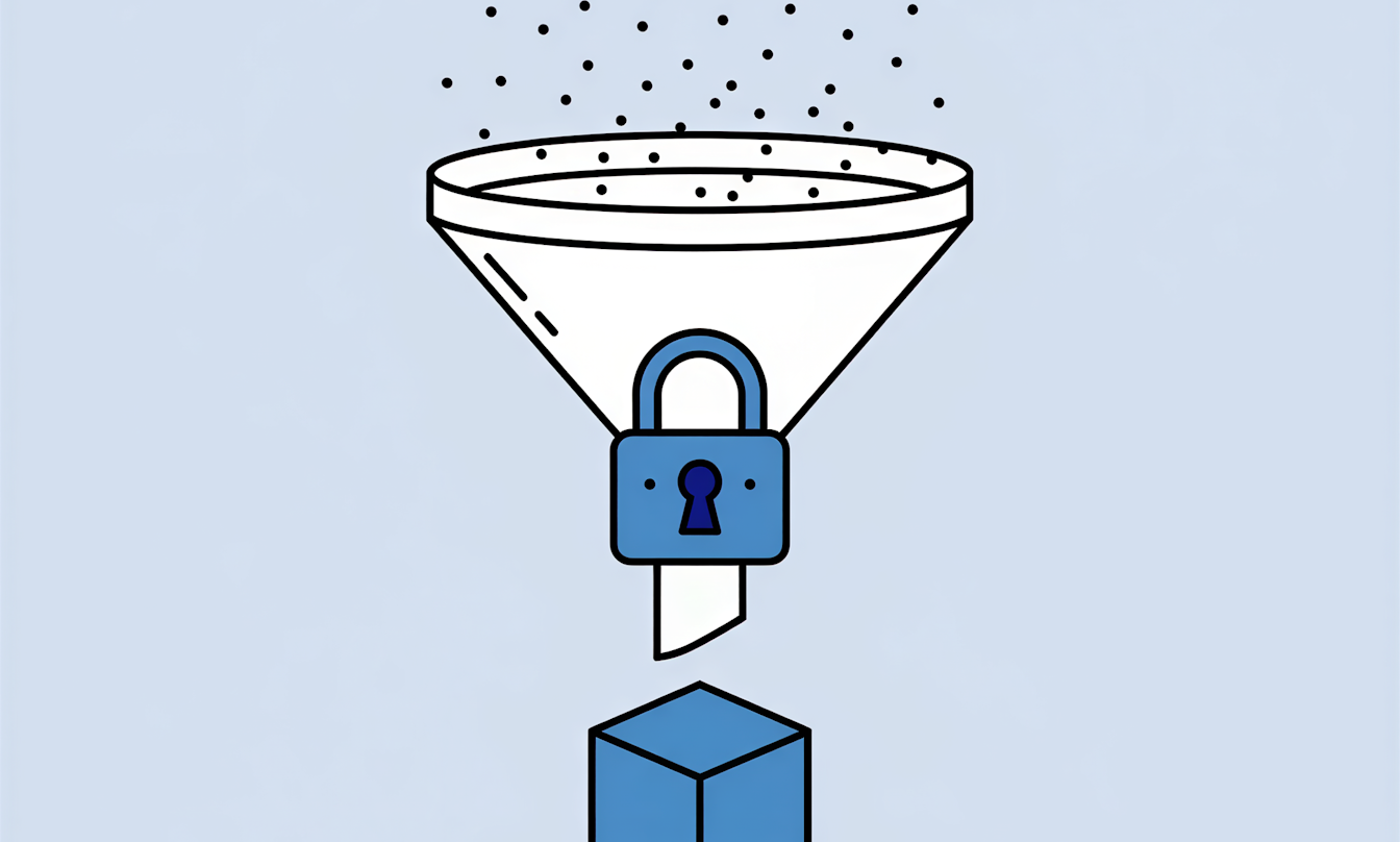 Ein Trichter mit einem Vorhängeschloss filtert Partikel in einen blauen Würfel darunter, der für eine eingeschränkte oder sichere Datenverarbeitung steht.