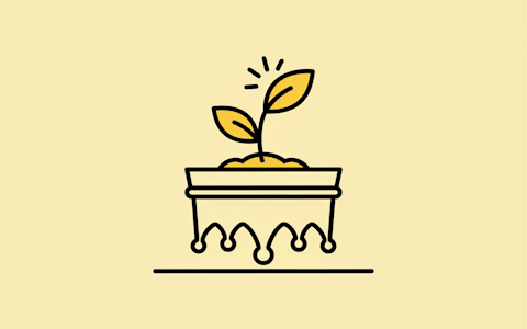 Minimale Strichzeichnung einer kleinen Pflanze mit zwei Blättern, die aus der Erde in einem rechteckigen Topf auf blassgelbem Hintergrund sprießen.