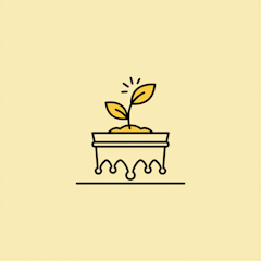 Minimale Strichzeichnung einer kleinen Pflanze mit zwei Blättern, die aus der Erde in einem rechteckigen Topf auf blassgelbem Hintergrund sprießen.