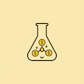 Ein lächelnder Laborkolben hält drei miteinander verbundene Dollarzeichen, die für profitable Wissenschaft stehen, vor einem gelben Hintergrund.