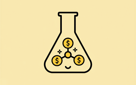 Ein lächelnder Laborkolben hält drei miteinander verbundene Dollarzeichen, die für profitable Wissenschaft stehen, vor einem gelben Hintergrund.