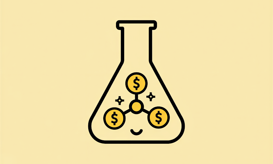 Ein lächelnder Laborkolben hält drei miteinander verbundene Dollarzeichen, die für profitable Wissenschaft stehen, vor einem gelben Hintergrund.