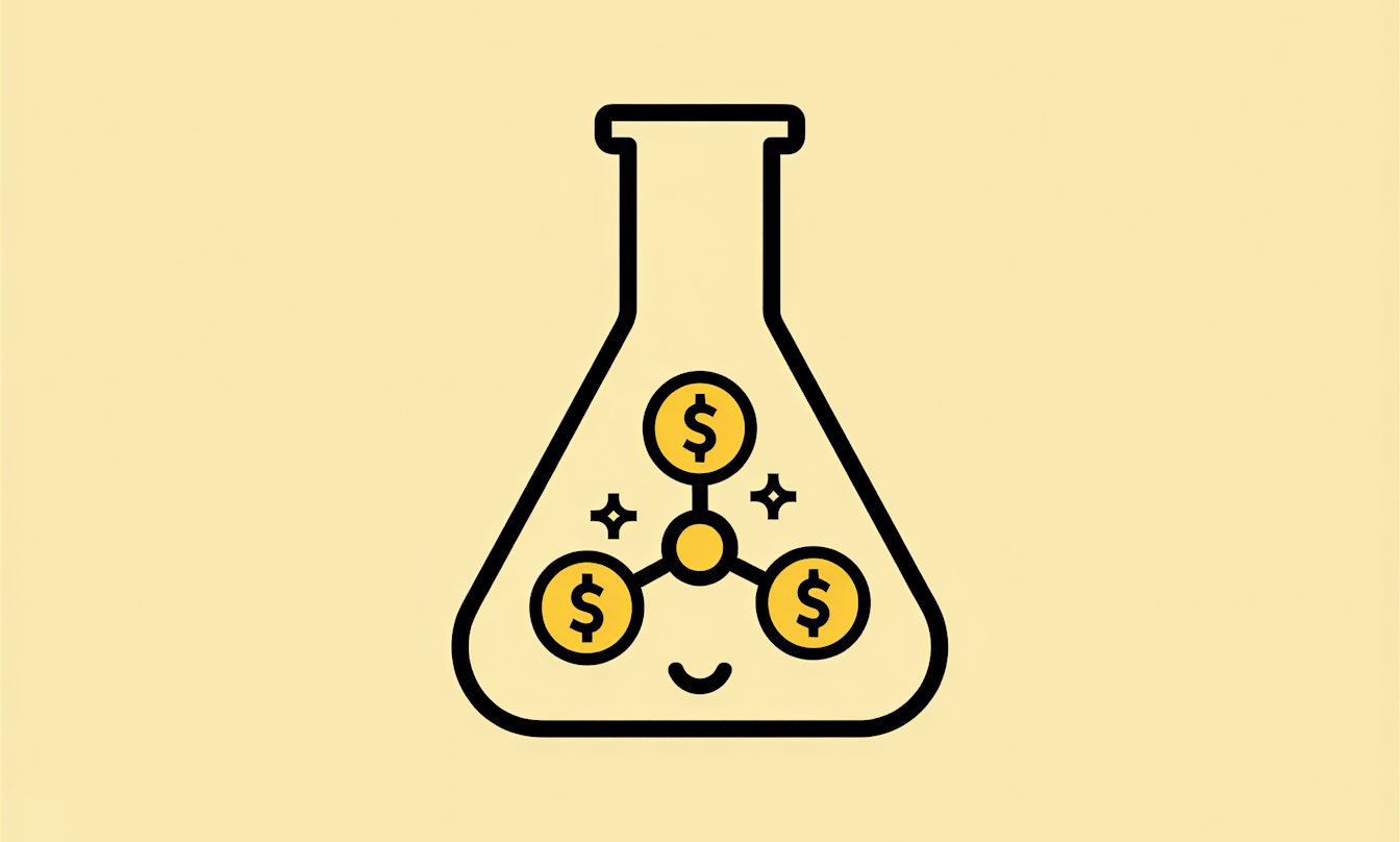 Ein lächelnder Laborkolben hält drei miteinander verbundene Dollarzeichen, die für profitable Wissenschaft stehen, vor einem gelben Hintergrund.
