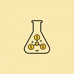 Ein lächelnder Laborkolben hält drei miteinander verbundene Dollarzeichen, die für profitable Wissenschaft stehen, vor einem gelben Hintergrund.