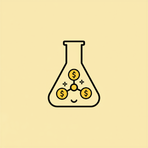 Ein lächelnder Laborkolben hält drei miteinander verbundene Dollarzeichen, die für profitable Wissenschaft stehen, vor einem gelben Hintergrund.