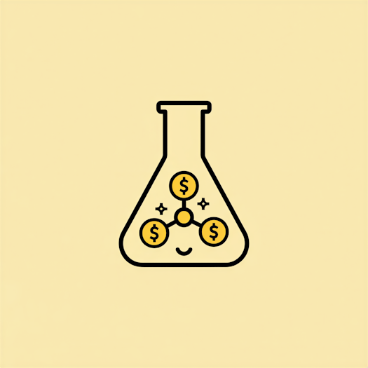 Ein lächelnder Laborkolben hält drei miteinander verbundene Dollarzeichen, die für profitable Wissenschaft stehen, vor einem gelben Hintergrund.