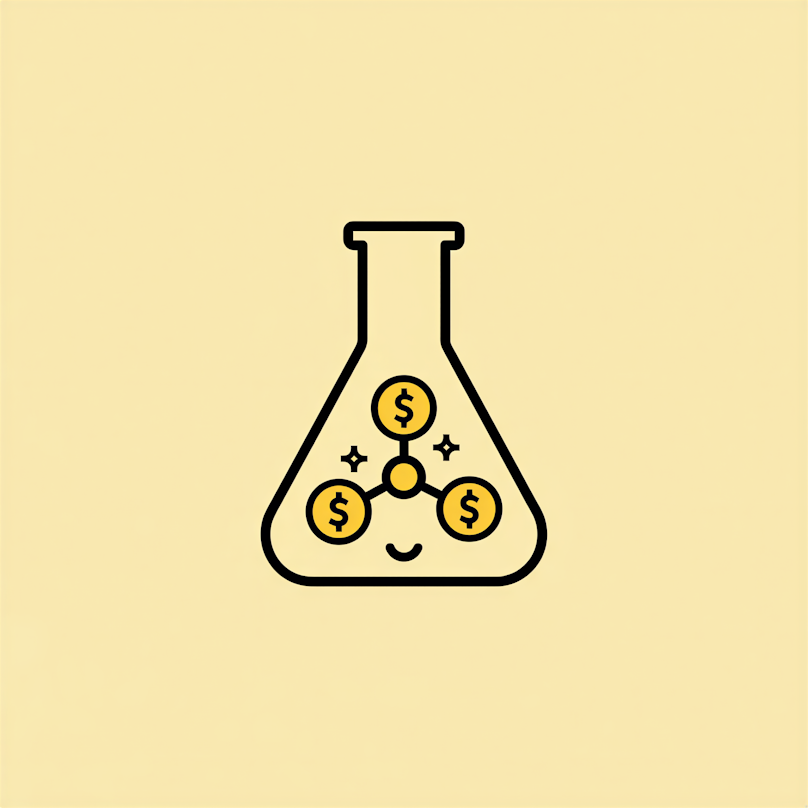 Ein lächelnder Laborkolben hält drei miteinander verbundene Dollarzeichen, die für profitable Wissenschaft stehen, vor einem gelben Hintergrund.