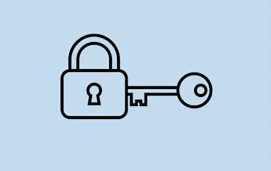 Ein einfacher schwarzer Umriss eines Vorhängeschlosses und eines Schlüssels auf einem hellblauen Hintergrund.