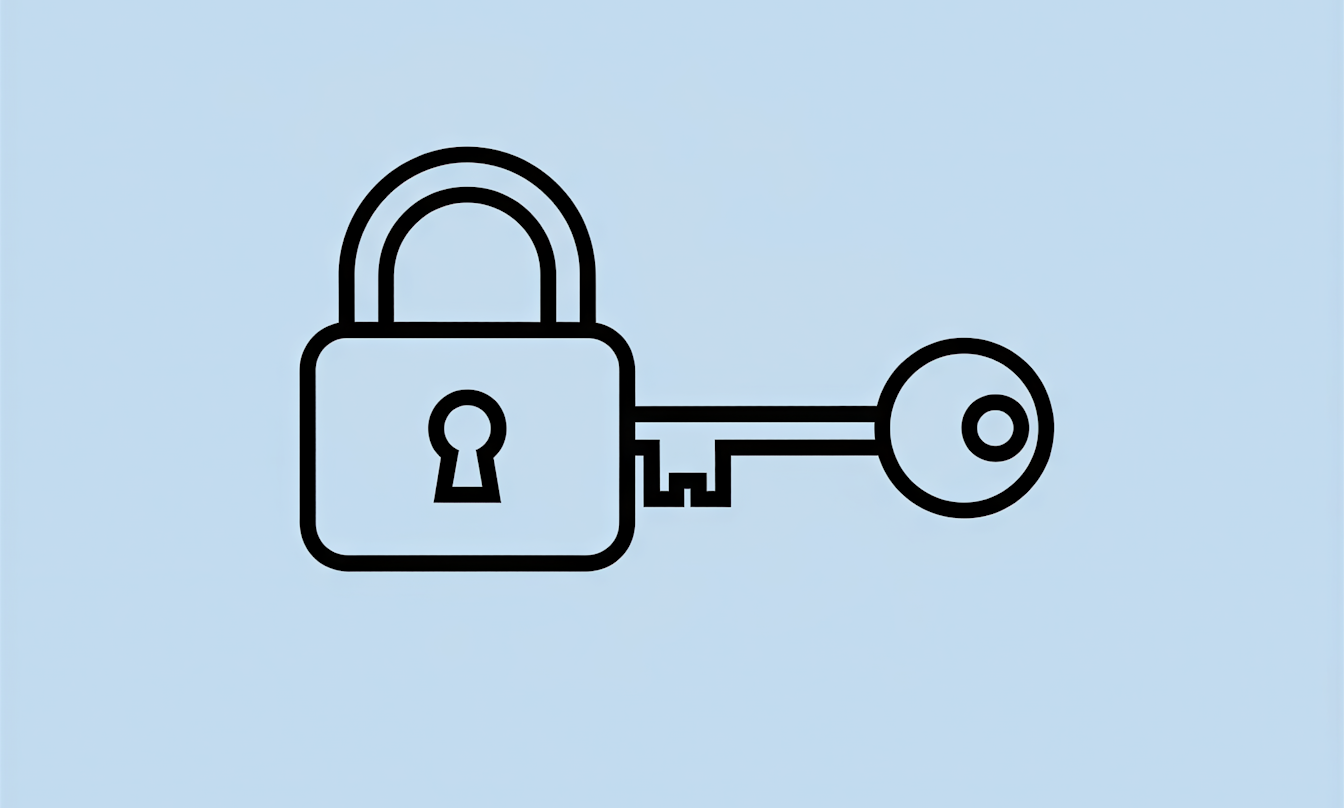 Ein einfacher schwarzer Umriss eines Vorhängeschlosses und eines Schlüssels auf einem hellblauen Hintergrund.