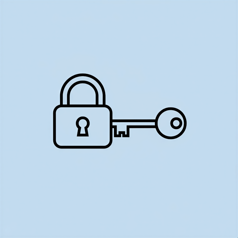 Ein einfacher schwarzer Umriss eines Vorhängeschlosses und eines Schlüssels auf einem hellblauen Hintergrund.