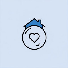 Ein einfaches Symbol, das ein Haus mit einem Herz in einem Kreis davor auf einem hellblauen Hintergrund zeigt.