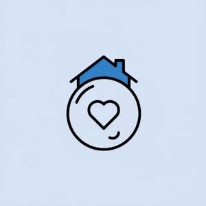 Ein einfaches Symbol, das ein Haus mit einem Herz in einem Kreis davor auf einem hellblauen Hintergrund zeigt.