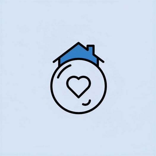 Ein einfaches Symbol, das ein Haus mit einem Herz in einem Kreis davor auf einem hellblauen Hintergrund zeigt.
