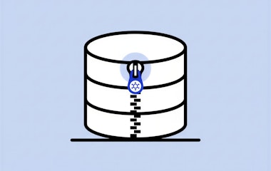 Eine einfache Illustration einer Datenbank mit einem Reißverschluss und einem Schloss, die eine sichere oder verschlüsselte Datenspeicherung symbolisieren.