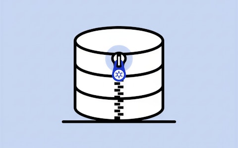 Eine einfache Illustration einer Datenbank mit einem Reißverschluss und einem Schloss, die eine sichere oder verschlüsselte Datenspeicherung symbolisieren.