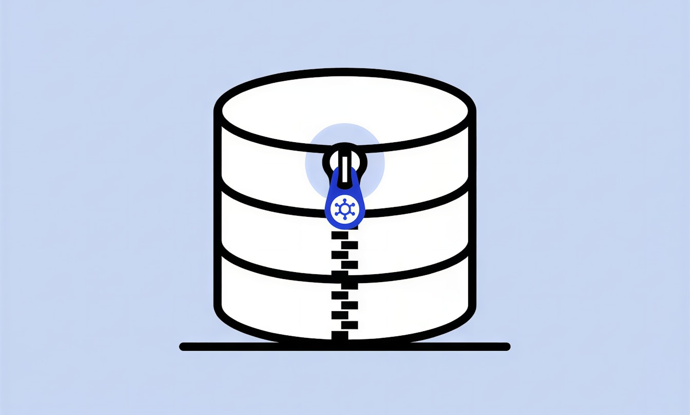 Eine einfache Illustration einer Datenbank mit einem Reißverschluss und einem Schloss, die eine sichere oder verschlüsselte Datenspeicherung symbolisieren.