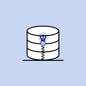 Eine einfache Illustration einer Datenbank mit einem Reißverschluss und einem Schloss, die eine sichere oder verschlüsselte Datenspeicherung symbolisieren.