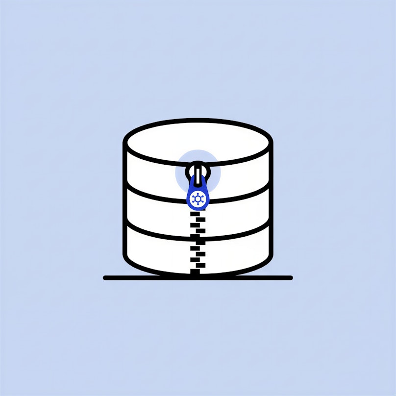 Eine einfache Illustration einer Datenbank mit einem Reißverschluss und einem Schloss, die eine sichere oder verschlüsselte Datenspeicherung symbolisieren.