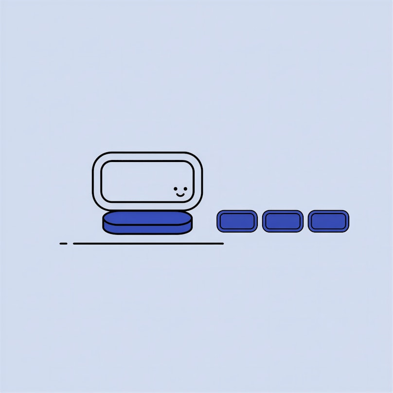Minimalistische Illustration eines lächelnden Rechtecks auf einem blauen Block, mit drei blauen Blöcken in der Nähe auf einem hellblauen Hintergrund.