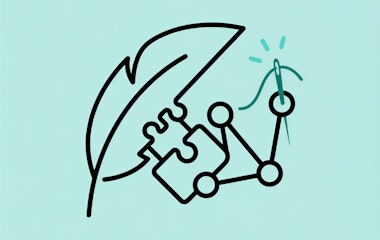 Minimalistisches Symbol: Feder, Puzzleteil, verbundenes Knotendiagramm und eine Hand, die einen Faden hält, auf hellblauem Hintergrund.