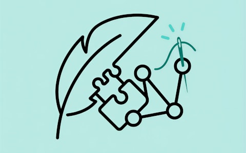 Minimalistisches Symbol: Feder, Puzzleteil, verbundenes Knotendiagramm und eine Hand, die einen Faden hält, auf hellblauem Hintergrund.