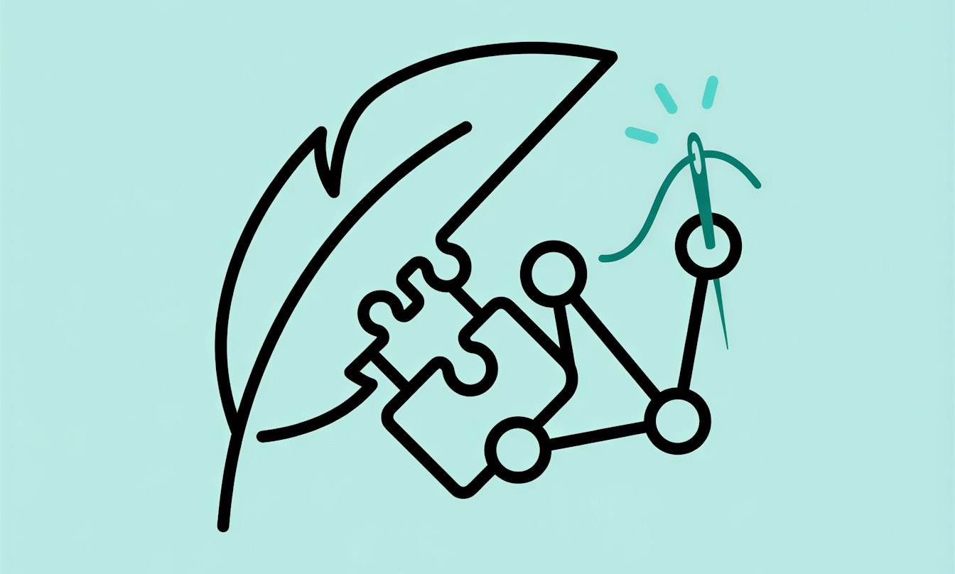 Minimalistisches Symbol: Feder, Puzzleteil, verbundenes Knotendiagramm und eine Hand, die einen Faden hält, auf hellblauem Hintergrund.