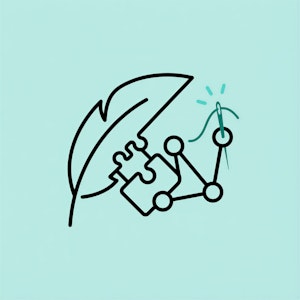 Minimalistisches Symbol: Feder, Puzzleteil, verbundenes Knotendiagramm und eine Hand, die einen Faden hält, auf hellblauem Hintergrund.