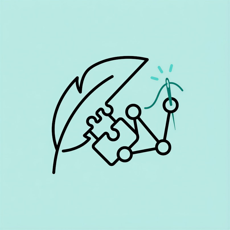 Minimalistisches Symbol: Feder, Puzzleteil, verbundenes Knotendiagramm und eine Hand, die einen Faden hält, auf hellblauem Hintergrund.