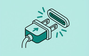 Dunkelgrüner Umriss eines elektrischen Steckers und einer Steckdose, Pfeile, die die Verbindung anzeigen, vor einem hellgrünen Hintergrund.