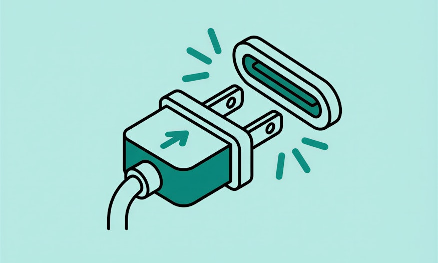 Dunkelgrüner Umriss eines elektrischen Steckers und einer Steckdose, Pfeile, die die Verbindung anzeigen, vor einem hellgrünen Hintergrund.