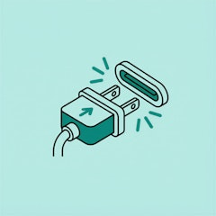 Dunkelgrüner Umriss eines elektrischen Steckers und einer Steckdose, Pfeile, die die Verbindung anzeigen, vor einem hellgrünen Hintergrund.