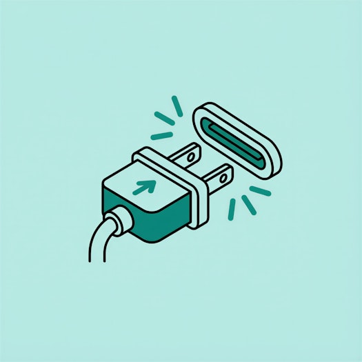 Dunkelgrüner Umriss eines elektrischen Steckers und einer Steckdose, Pfeile, die die Verbindung anzeigen, vor einem hellgrünen Hintergrund.