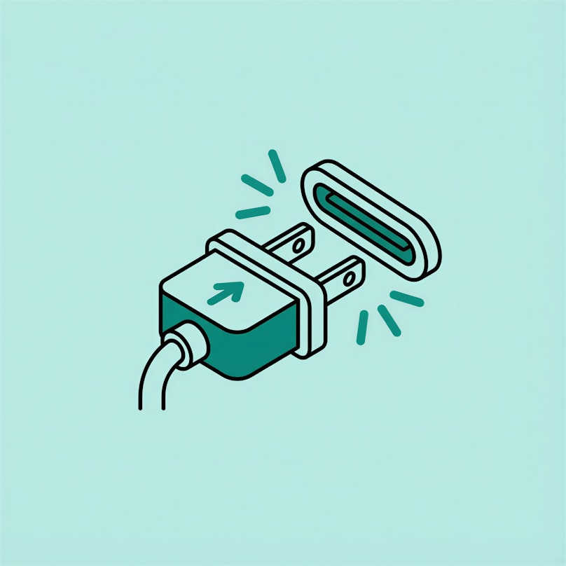 Dunkelgrüner Umriss eines elektrischen Steckers und einer Steckdose, Pfeile, die die Verbindung anzeigen, vor einem hellgrünen Hintergrund.