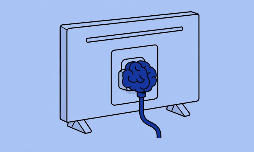 Illustration eines Fernsehers mit einem Stecker hintendran der aussieht wie ein Gehirn Illustration eines Fernsehers mit einem Stecker hintendran der aussieht wie ein Gehirn